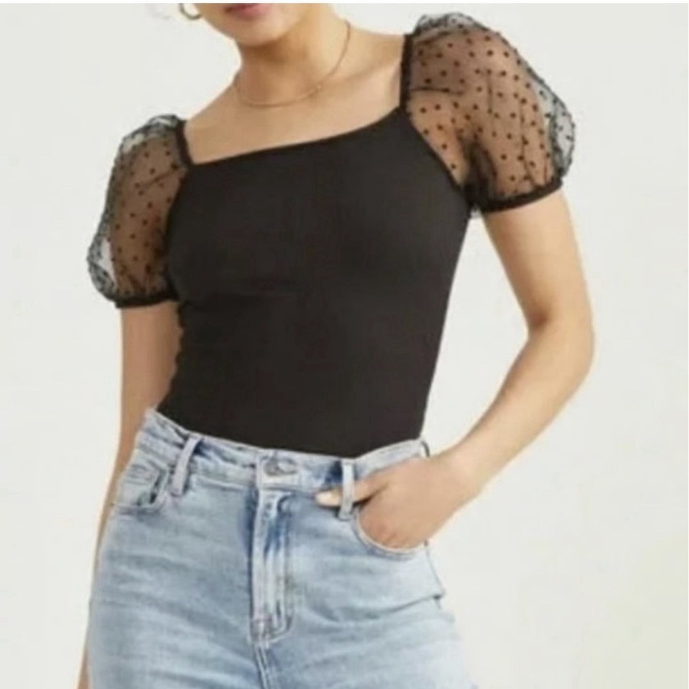 Altar'd State Puff Sleeve Swiss Dot Ribbed Bodysuit Women's Size XS Black